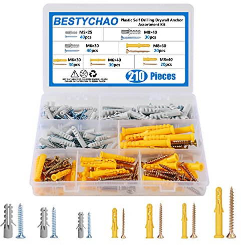 BESTYCHAO Ensemble de vis et chevilles murales, 210 pièces 7 tailles d'ancrage mural creux en plastique avec kit d'assortiment de vis pour la suspension et le montage de cloisons sèches M5 M6 M8