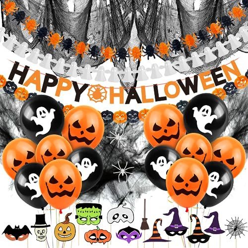 Halloween Deko Set,39Stk Halloween Girlande Luftballon Dekoration,Grusel Dekoration Set,Spinnennetz Ballon Grusel Vorhang Set mit Buchstabe Girlande Fotosrequisiten für Halloween Party Garten Deko