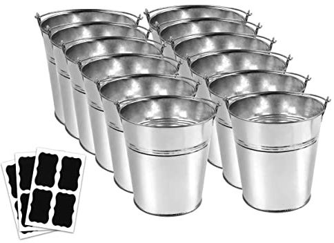 12 Metal Buckets with Chalkboard Stickers, Small Galvanized Pail for Party and Wedding, 5 Inch Tin Buckets, Garden Planters