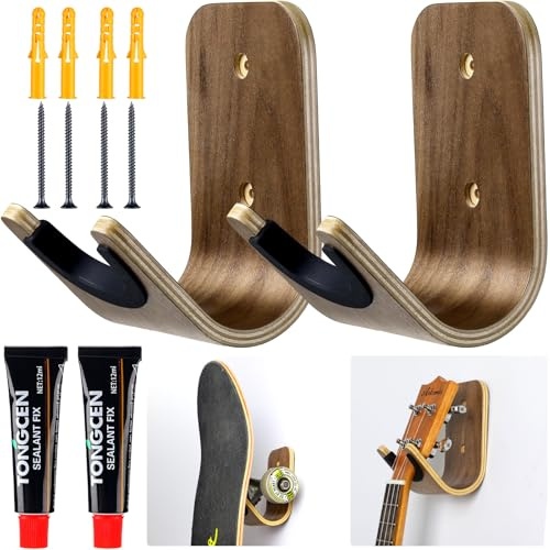 Guitar Wall Mount Holder Guitar Hanger with Pick Slot Skateboard Rack Modern Design Guitar Hook Ukulele Stand Wooden Violin Display Stand with Tool for Storage Bass Acoustic Mandolin Banjo (2 Sets)