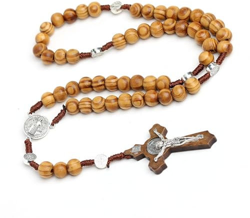 Siganorpy Wood Rosary Necklace Wooden Smooth Beads Catholic Cross Necklace Religious Jewelry Catholic Jesus Cross Pendant Necklace for Men (Brown)