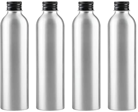 ZEOABSY 4 Pièces Argent Flacon Aluminium Vides 250 ML, Bouteille en Aluminium avec Bouchon en Aluminium Fileté Noir pour Cosmétique Shampooing Salle de Bains Hôtel Voyage Rechargeables