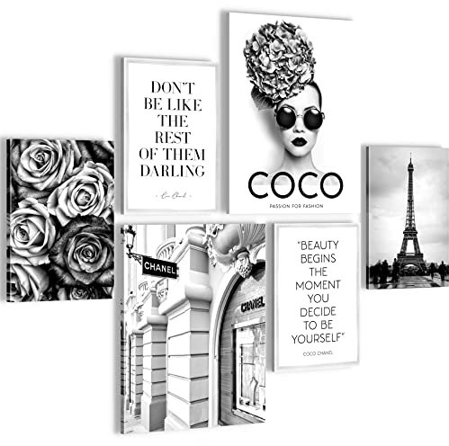 Novart Wandbilder Set Fashion Coco Schwarz Weiss - KEIN EXTRA RAHMEN BENÖTIGT - Modern Deko - Wohnzimmer Mädchen Teenager N009063a