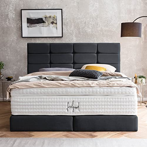 Designer Boxspringbett 200x200 Kansas Webstoff, mit Topper, Polsterbett, Hotelbett, ohne Bettkasten, 7 Zonen Taschenfederkern-Matratzen, Aufbau KOSTENLOS (Schwarz, 200x200 cm mit Topper)