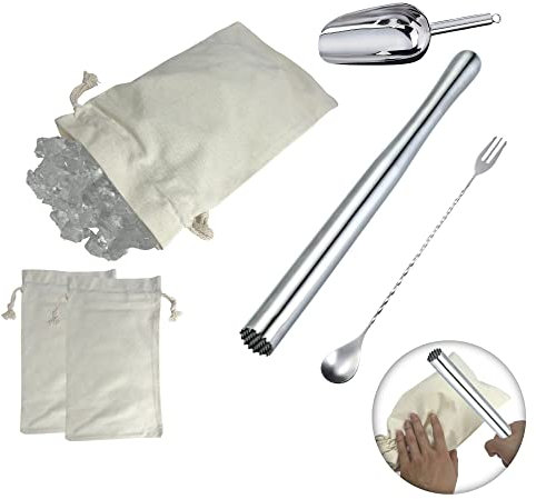 Rejopfad Lewis Tasche und Schlägel Barkeeper-Set Hammer und 2 Stück Lewis Ice wiederverwendbare Segeltuch-Tasche für zerkleinertes Eis, inklusive Eisschaufel, Eispickel, Rührlöffel