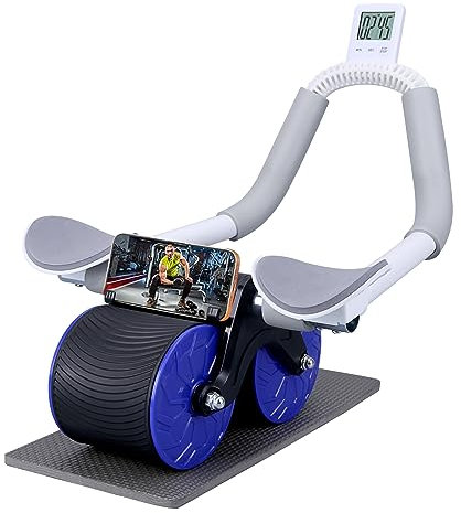 Automatisches Rückprall-Bauchrad, Ab-Roller mit Timer, Ellenbogenstütze für Anfänger, Übungs-Doppelrad mit Kniemattenhalter für Körper-Fitness, Krafttraining, Heim-Fitness-Studio (blau)