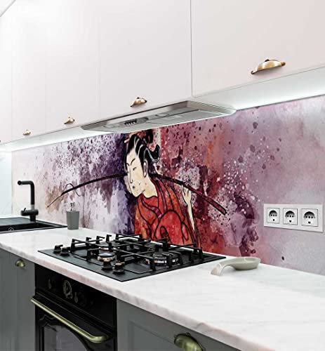 MyMaxxi - Selbstklebende Küchenrückwand Folie ohne Bohren - Motiv Japan Gemälde Mehrfarbig 60cm hoch- Klebefolie Wandtattoo Wandbild Küche - Wand-Deko - Samurai Schwert Kunstwerke 340 x 60cm