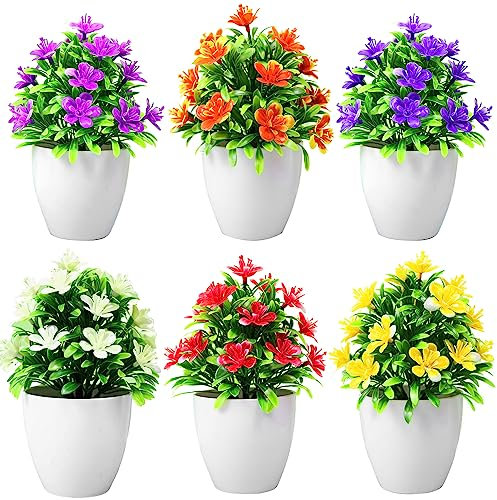 ZIOYA 6 Piezas Flores Artificiales en Maceta Exterior Mini Flores Plásticas Falsas Flores Artificiales Pequeñas en Maceta para Decoración Arreglos Florales de Bricolaje de Mesa