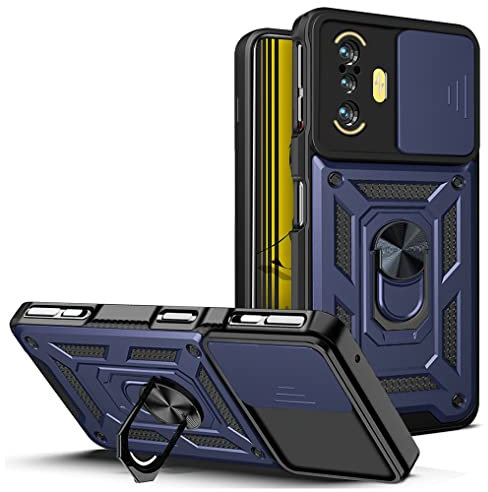WBWONE Funda para Xiaomi Poco F3 / Mi 11i 5G, Anti-Rasguño Shock- Absorción TPU/PC Carcasa con 360° Anillo Kickstand y Cubierta Deslizante de la Cámara, Azul