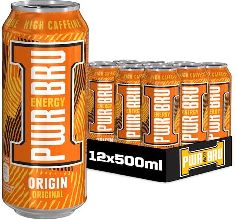 𝐏𝐖𝐑-𝐁𝐑𝐔 Origin Original 12 Pack Big Can Energy Drink with High Caffeine, Taurine and Vitamins - 12 x 500ml Cans