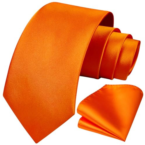 HISDERN Krawatten für Herren, orange Krawatte und Einstecktuch, klassische Seidenkrawatte für Bräutigam, Hochzeit, Party, Geschäft