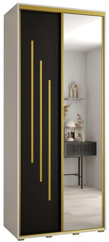 MEBLE KRYSPOL Davos 9 120 Schlafzimmerschrank mit Zwei Schiebetüren - Moderner Aufbewahrungsschrank mit Spiegel, Kleiderstange und Regalen - 235,2x120x60 cm - Weiß Schwarz Gold