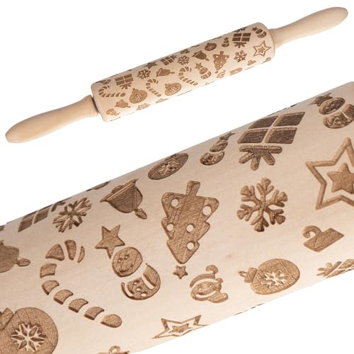 Ruhhy Nudelholz mit Weihnachtsmuster Teigrolle 3D Backzubehör DIY Holz 40 cm 22039