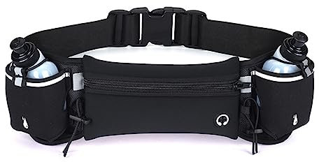 SANON Ceinture Running, Ceinture d'Hydratation avec 2 Bouteilles d'eau Légère Et Réfléchissante pour La Course à Pied, La Randonnée, Le Cyclisme, Ceintures Porte-Bidons Running, Noir