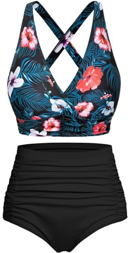 Voqeen Womens Bikini Sets High Waisted 2 Piece Swimsuit Padded Push Up Bikini Top & Bottoms Tummy Control Ruched Bathing Suits Vintage Halter Swimming Costume Beachwear Ladies Swimwear Floral Black