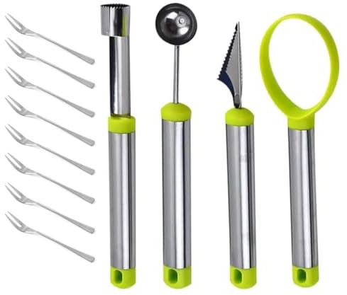 HZAOPZE 4 pcs Herramienta Frutas Cortador Melón Bolas Cuchara Melón Acero Inoxidable Cortador Bolas Herramienta Cocina Multifuncional Cuchara con 8 Tenedores Frutas para Ensaladas Frutas DIY, Verde