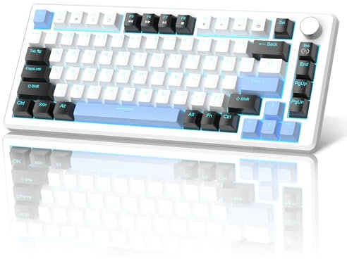 MageGee 75% Mechanical Gaming Keyboard, Compact Blue Backlit Wired Gaming Keyboard with Brown Switches, EVA Foam, Knob Control, STAR75 Portable NKRO PC Gaming Keyboard - White & Blue