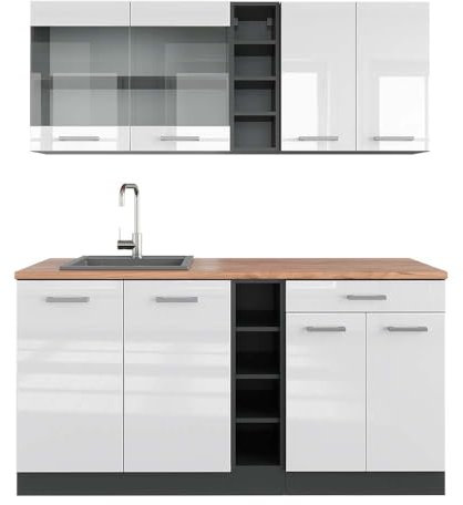 Vicco Singleküche R-Line, Küchenzeile Single, Weiß Hochglanz/Anthrazit, 160 cm, AP Eiche