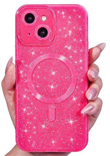 Svanove für iPhone 14 Hülle Magsafe Glitzer mit Kameraschutz, Dünn Bunt Silikon Handyhülle Mädchen Handy Hülle Magnetisch Induktives Laden, Bling Sterne Weich Slim Case Schutzhülle, Neon Pink Rosa