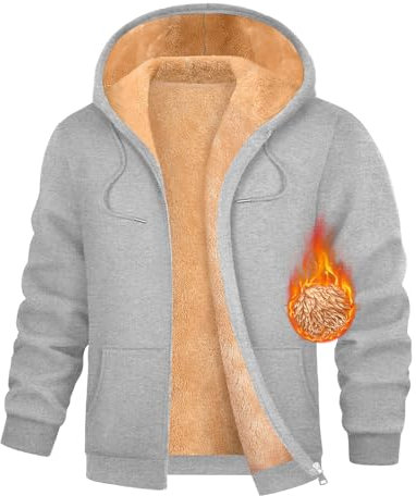 Lonya Men's Hoodies Fleece Lined - Full Zip Up Sherpa Hoodie Long Sleeve Sweatshirt Jackets Casual Winter Warm Thick Coat Outerwear with Pockets for Men, Light Grey, L