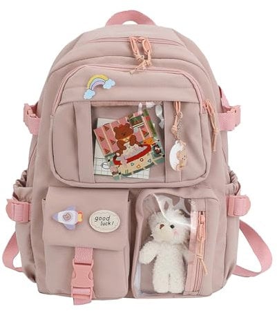 School Bag,School Bags For Girls,Kawaii Backpack With Pendant, Large Capacity Cute Bear Accessories Backpack For School Multi Pocket Rucksack For Teen Girls Cute Kawaii School Backpacks (Pink)