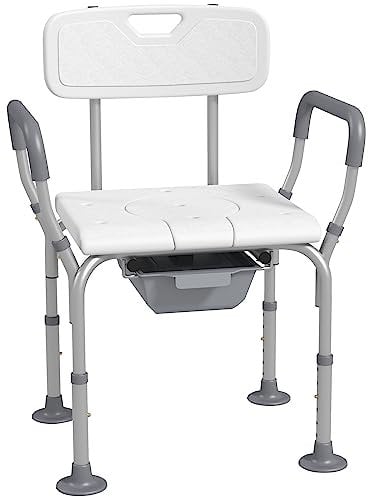 HOMCOM Chaise de Douche siège de Douche Chaise percée avec Seau de Toilette Hauteur réglable Pieds antidérapants accoudoirs Charge Max.136 Kg pour Personnes âgées et handicapées Aluminium HDPE Blanc