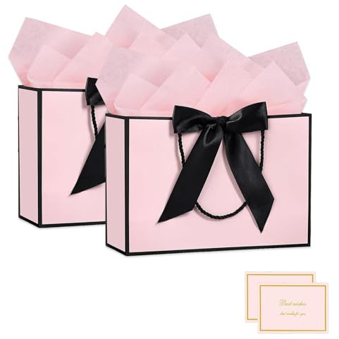 thirei 2 Stück Geschenktüten, Geschenktüte Groß, Geschenktaschen mit Schleifenbändern, 28 x 20 x 10cm, Geeignet für Geburtstag, Party, Feier, Rosa mit Schwarzem Rahmen