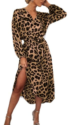 BSLVWG Women's Sexy Leopard Print Midi Dress Long Sleeve Tie Wrap Dresses for Women V-Neck Ladies Casual Dress Autumn Winter (UK, Alpha, S, Regular, Regular, Brown)