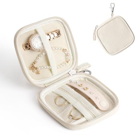 Lotour Reise Schmuckaufbewahrung Tasche, Reise Schmuckkästchen Klein, Travel Schmuckroll für Ringe, Ohrringe, Halsketten, Uhren, Mini Size Weiß