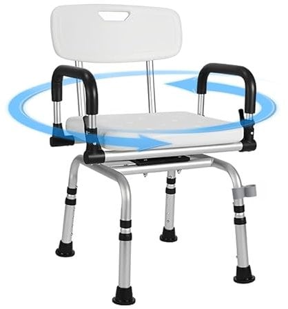 Silla de Ducha Giratoria 360°, Taburete de Ducha para Mayores con Reposabrazos y Respaldo, Altura Regulable 40-48 cm, Taburete Baño Giratorio Antideslizante para Ancianos Discapacitados Embarazadas