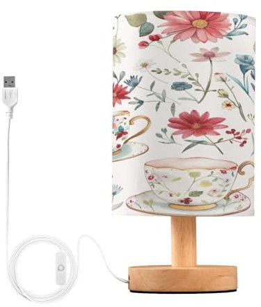 SKYSHU Tea Cup Bedside Table Lamp, Small LED Desk Light USB Nightstand Lamp with Non Slip Wood Base & Eye-Friendily Lampshade for Living Room Bedroom Dorm Home Office Desk Decor