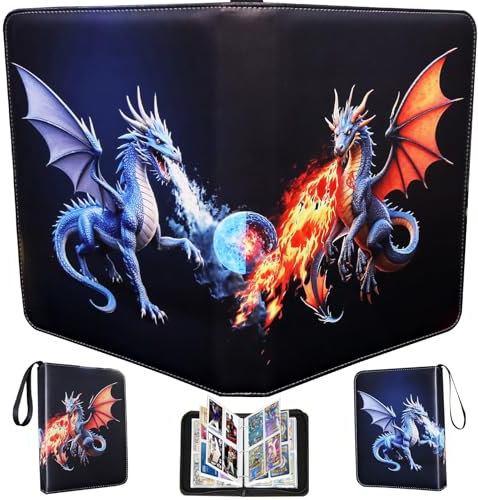 Fweel Deluxe Ice & Fire Dragon Sammelkartenbinder, 4-Pocket Zipper Album mit 400 Karten Loading Pockets, Perfekt für Kartenfans und Enthusiasten, Sammelkartenaufbewahrungsalben, Hüllen & Hüllen