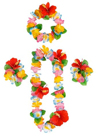 duoyif Hawaiiketten Hawaii Blumen Kette Blumenketten Hawaiian Kette Haarband Armbänder Grasrock Party Kostüm Zubehör Blumenkette Für Cheerleading Geburtstags Karnevals Strandpartys (Orange rot R)