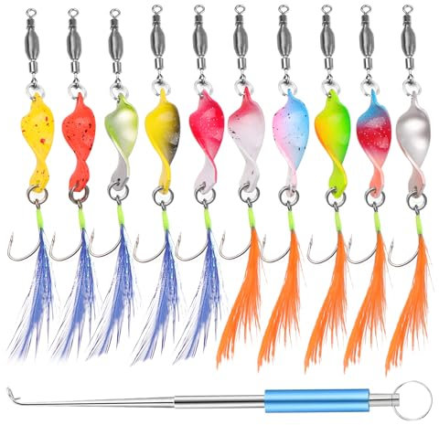 DXLing 10 Stück Twist Forellen Spoon Set UV-Aktiv 3g Forellenköder mit Feder Pailletten Einzelhaken Blinker Forellen Köder Blinker Spoon Spinner Forelle Set in Box mit Fishing Hakenlöser