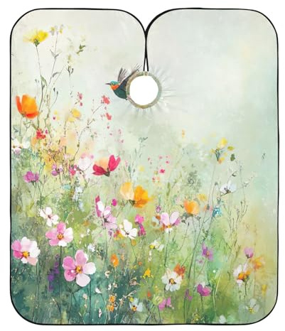 Haarschneideumhang mit bunten Wildblumen, niedlicher Vogel, 165 x 140 cm