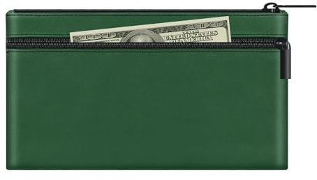 HAUTOCO Geldtaschen Banktasche, PU-Leder Zwei Taschen Geldmappe mit Reißverschluss für A5 Dokumententasche Geldscheintasche, Banktasche 28 x 15.5 cm für Geschäftlich Haushalt, Tief Grün