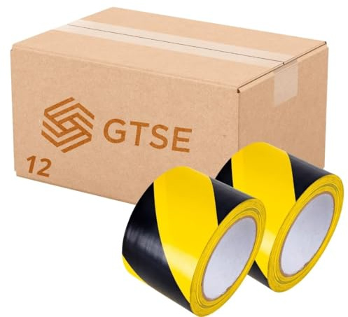 GTSE - Markierungsklebeband - 100 mm x 33 m - Selbstklebendes Absperrband - Gestreiftes Warnband zur Boden und Sicherheitsmarkierung, Flatterband - Gelb/Schwarz, 12 Rollen