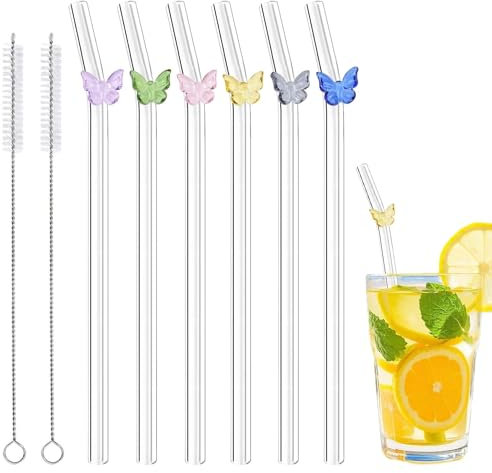 6 Pcs Glass Straws with 2 Cleaning Brushes, Cute Colorful Butterfly Glass Straws Shatter Resistant, Reusable Straws for Coffee Lover, Milkshake, Smoothies, Juice, Aesthetic Gift