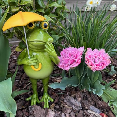 Online Fuchs Gartenfigur Frosch mit Regenschirm für draußen - wetterfest - 39 cm groß - Deko Figuren für Garten, Terrasse und Balkon - Teichdeko