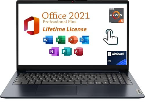 LENOVO Ideapad 1 Laptop, 15.6 FHD (1920x1080) Touch Display, with Free Lifetime Office 2021,Ryzen 5 7520U,8GB RAM,256GB SSD AMD Radeon Graphics, Type C, Windows 11 Pro, Abyss Blue