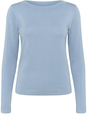 KAFFE Women's Pullover Slim Fit Boat Neck Long Sleeves Hip Length Fine Knit, Windward Blue, XL