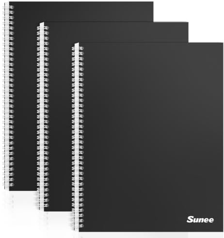 SUNEE A4 Squared Notebook, Pack of 3 Notepads, Wirebound Notebooks, 100 Sheets / 200 Pages, 80gsm 5mm Squared Paper, 4-Hole Punched and Perforated Edge, Black