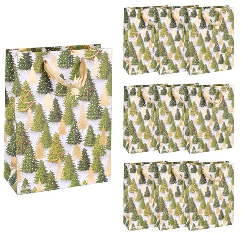 Idena 90398 - Geschenktaschen Tannenbaum, 10 Stück in Grün-Gold, Papiertüten in der Größe 34,5 x 25 x 8,5 cm, Geschenktüten für Weihnachten