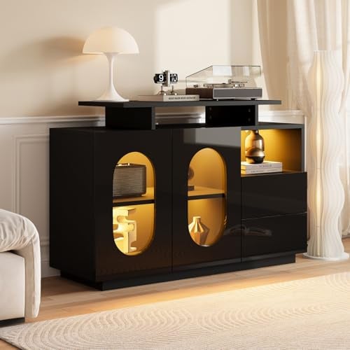 Sideboard 120 * 40 * 80cm,élégant Buffet Noir à LED doté d'une Porte vitrée Ovale et d'une Finition Brillante