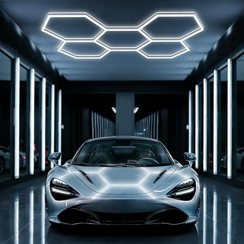 FTL Hexagon LED Garage Deckenleuchte 5-Hex,Wabenlampen LED Beleuchtung DIY,192W Superhell 6500K Kaltweiß Verknüpfbare Garagenlampe LED Hexagon für Werkstatt,Lager,Ausstellung