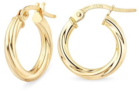 Citerna 9ct Yellow Gold Twisted Tube Hoop Earrings – Snap Down Closure Daily wear Huggies for Girls & Women - Italian Handcrafted 15mm Hoops - Premium Gift Boxed, 0.75g
