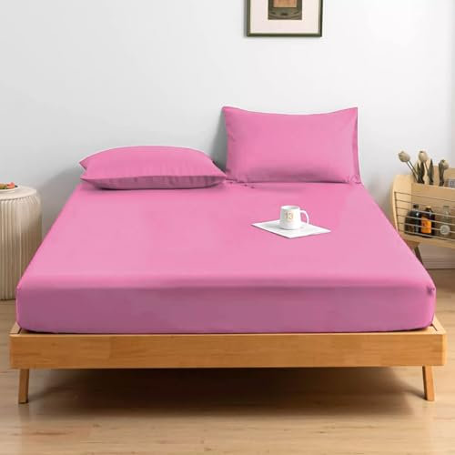 Rohi® Percale Cotton Blend King Size Fitted Sheets - 16/40 Cm Extra Deep Fitted Sheet with Two Free Pillowcases – Shrinkage and Fade Resistant bed sheets (King, Rose)