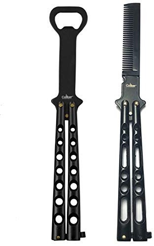 Caliber Gourmet Butterfly Knife Style Bottle Opener and Comb Combo Bundle Pack for Beer, Soda, Bartender, Bottle Cap, Barbecue, Black