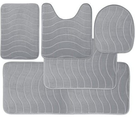 Elvoki Luxuriöses Badezimmerteppich-Set, 5-teilig, Memory-Schaum-Badvorleger-Set, WC-Vorleger-Set, stark saugfähig, rutschfest, ultraweich, leicht zu reinigen, Grau