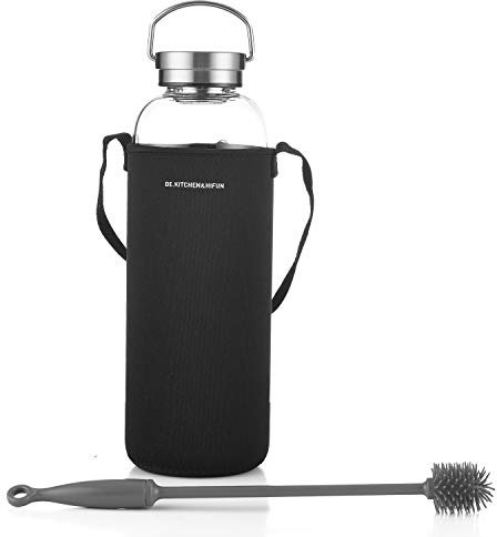 DE.KITCHEN&HIFUN Glasss Water Bottle 2l, Large Borosilicate Glass 2L for Juice, Bottle Glass with Steel Cap Filter